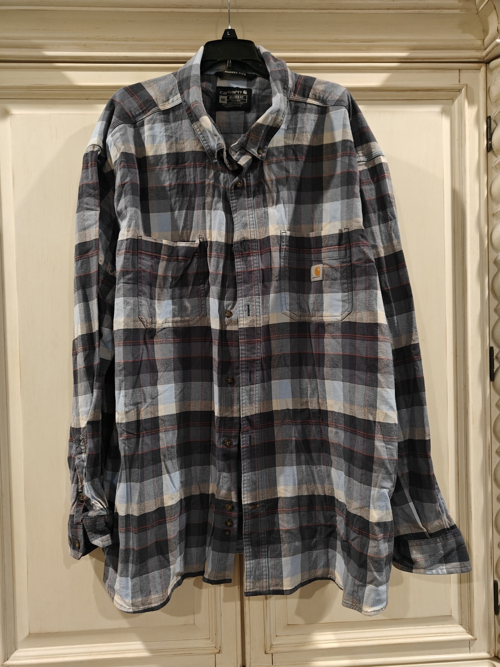 Carhartt Men's Gray and Blue Plaid Work Shirt with Subtle Red Accents